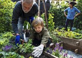 opa en kind in de tuin